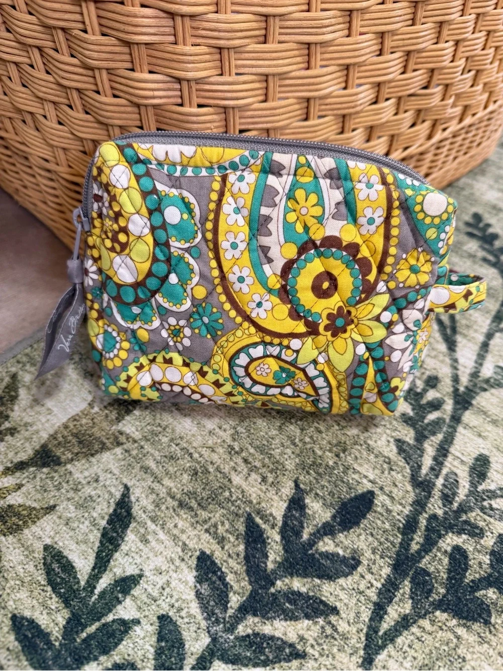 Vintage Vera Bradley Yellow Teal Paisley Quilted Zip Cosmetic Bag Pouch